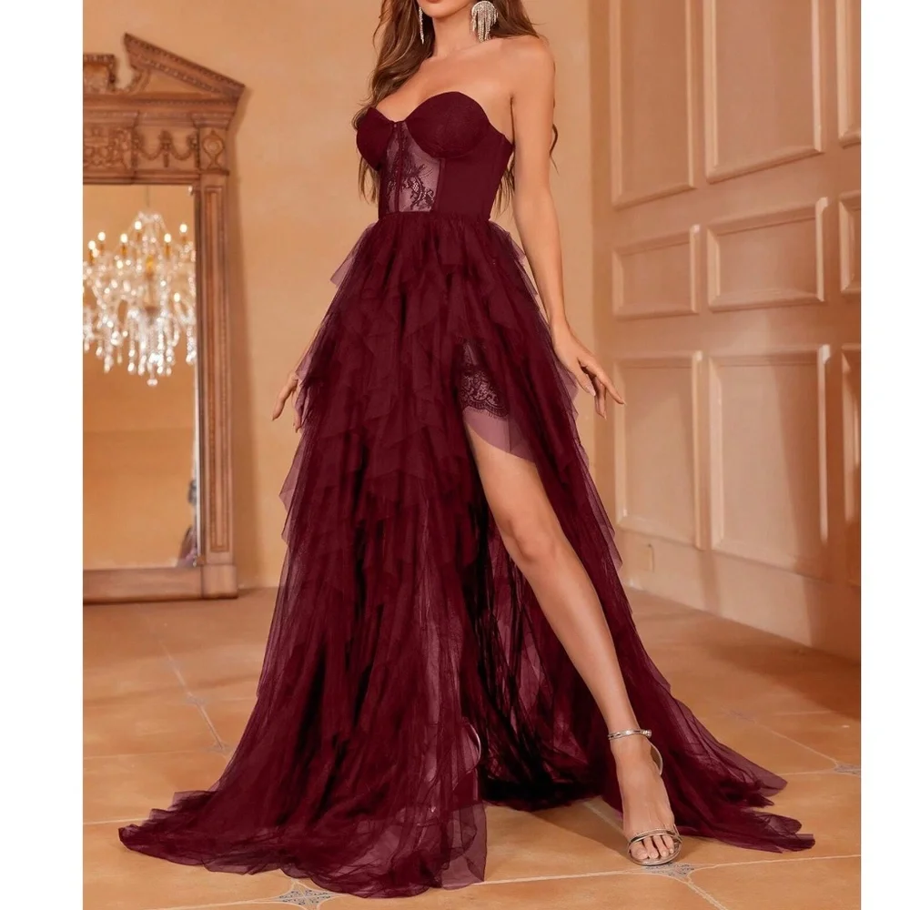 Luxe Strapless Lace Party Holiday Evening Formal Wedding Party - Picture 5 of 15